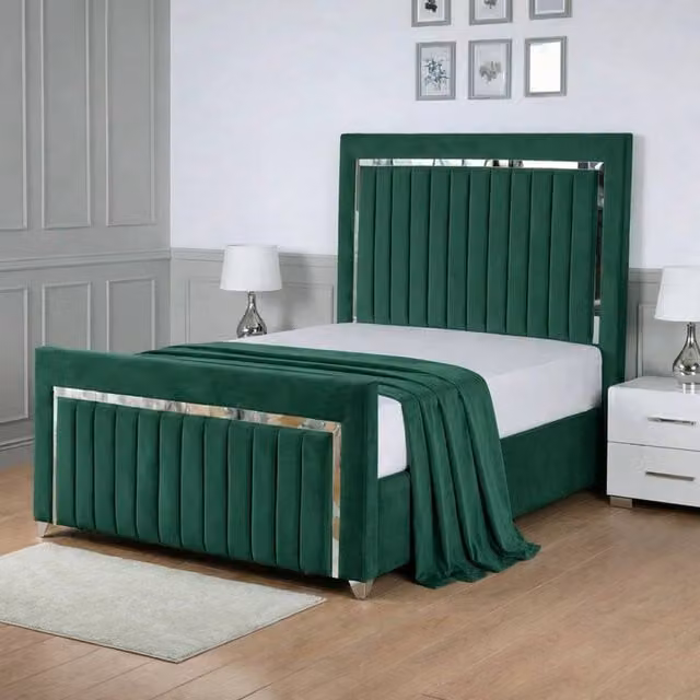 Living Comfort Bedz Chrome Edge Ottoman Gas Lift Storage Bed in Green Velvet with 48 Inch Headboard, Size: Double (W: 140 cm, L: 200 cm)