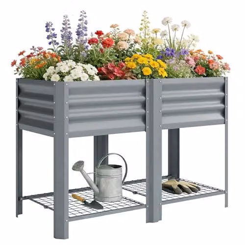 Outsunny Metal Raised Garden Bed with Storage Shelf in Grey, W/D/H: 120 x 55 x 80 cm – 1