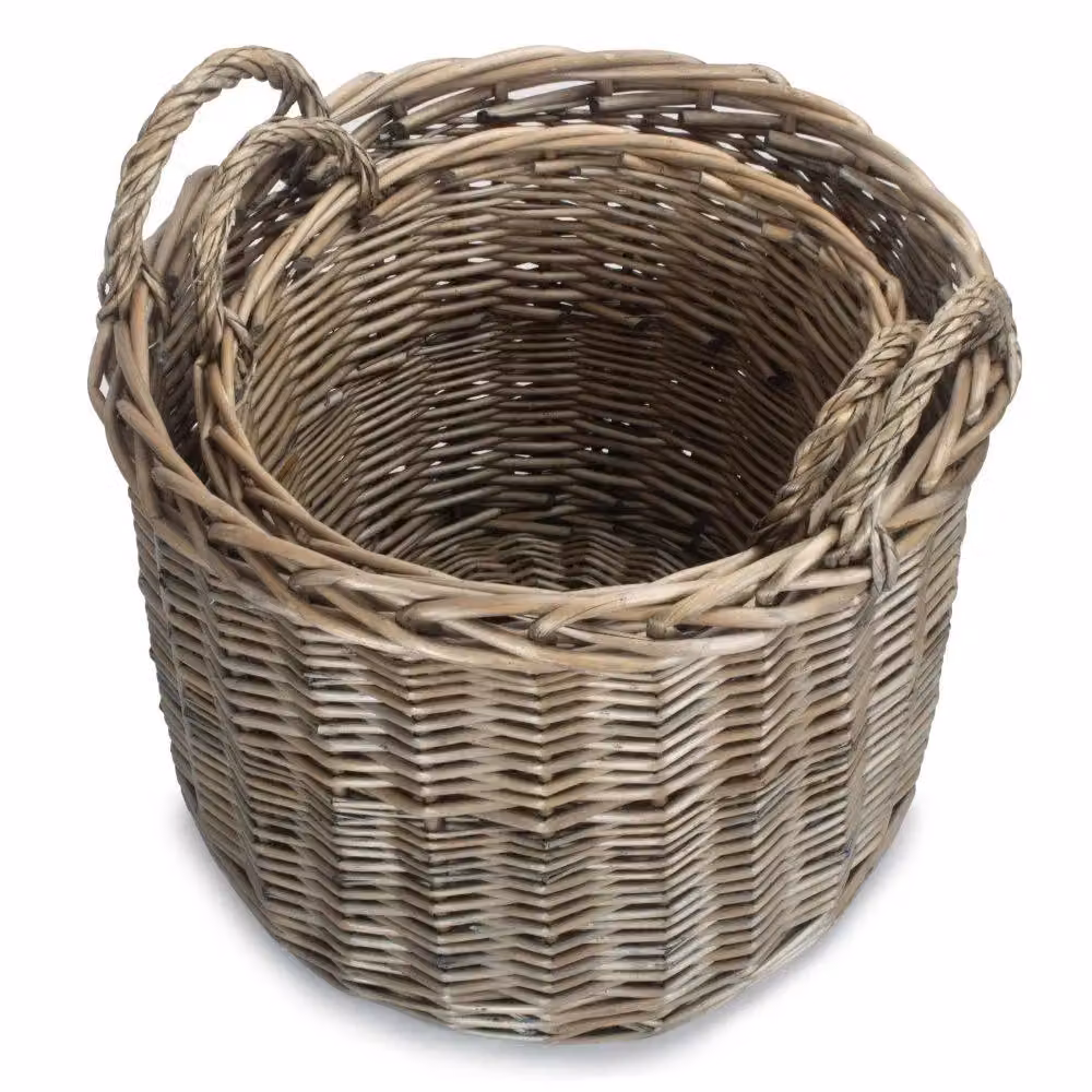 Red Hamper Set of 2 Round Straight-Sided Brown Wicker Log Storage Baskets – 3