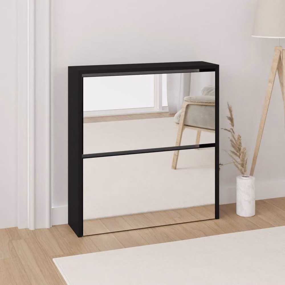 Berkfield Home Modern 2-Layer Shoe Cabinet with Mirror in Black, W/D/H: 63 x 17 x 67 cm – 1