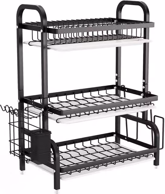 FLAVORA 3 Tier Metal Dish Drainer Rack with Drip Tray and Cutlery Holder, Black