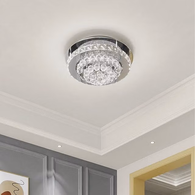 Komore Dimmable Round Crystal Droplet LED Semi Flush Ceiling Light in Silver and Transparent