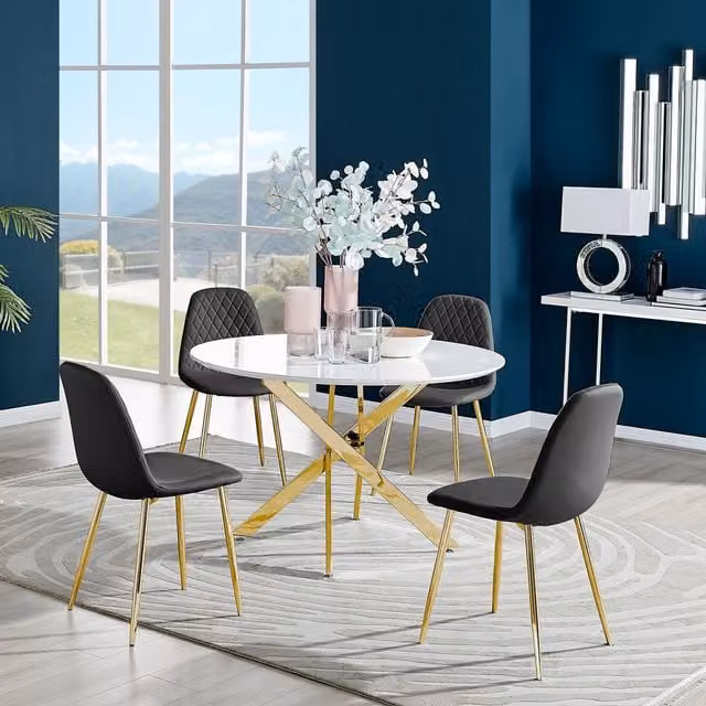 FurnitureboxUK Novara Round White Gloss Dining Table with 4 Black Corona Gold Leg Chairs, Diameter: 120 cm