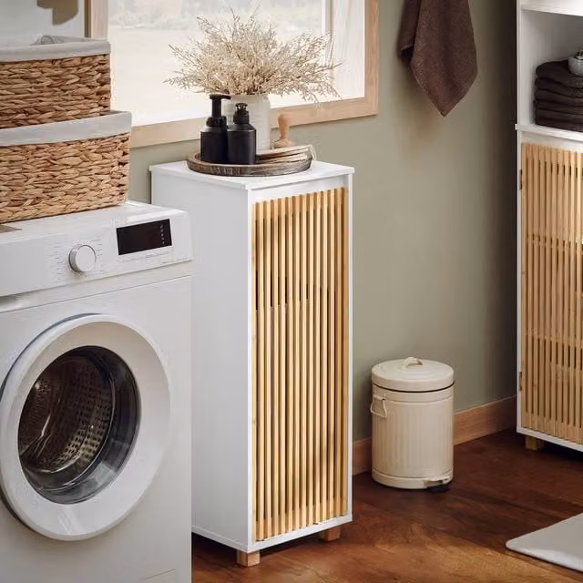 SoBuy Slim White Bathroom Cabinet with Bamboo Slat Front and Laundry Basket