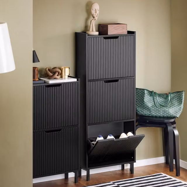 SoBuy Modern Black Narrow Shoe Cabinet with Tilting Compartments and Open Shelf for Hallways