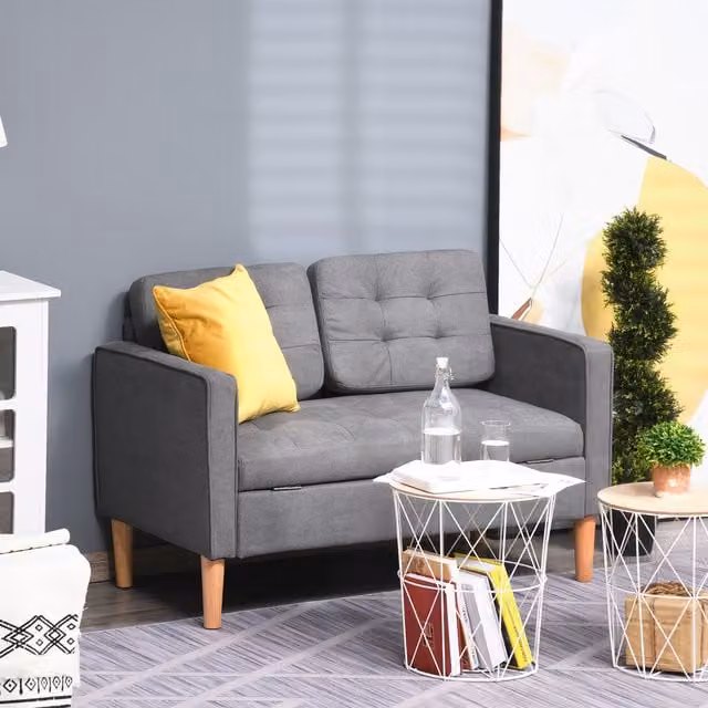 HOMCOM Modern 2 Seater Grey Fabric Upholstered Sofa with Lift Up Seat Storage and Tufted Design