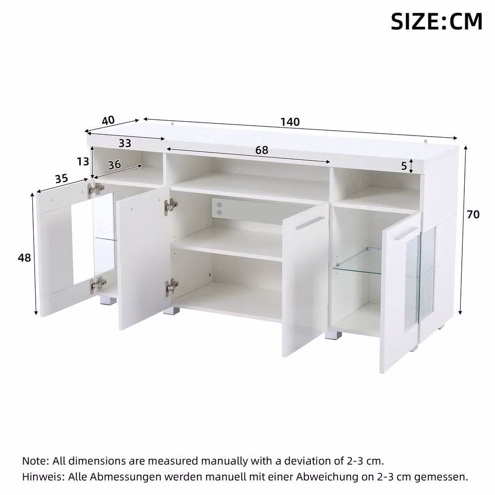BTM High Gloss White LED Sideboard with Glass Shelves, 140 cm – 2