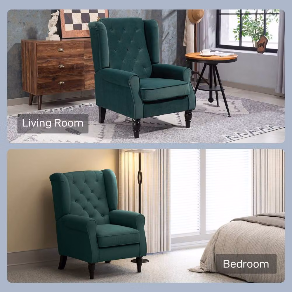 Wyld Haus Dona Green Velvet Wingback Accent Armchair with Diamond Button Tufting and Solid Wood Frame, W/D/H: 74 x 86 x 102 cm – 6