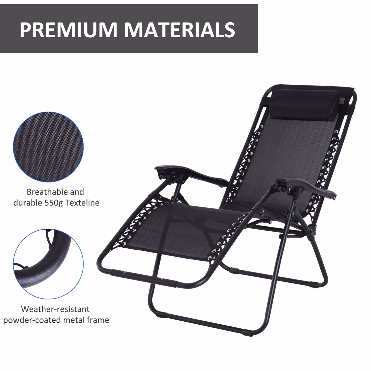 Outsunny Zero Gravity Reclining Sun Lounger with Adjustable Headrest and Armrests, Black – 6