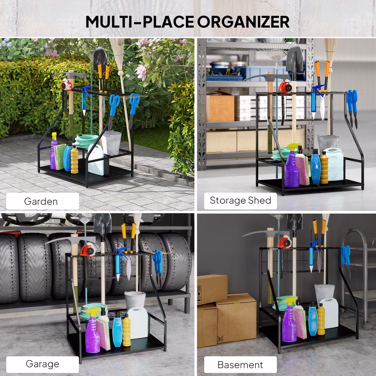 Outsunny 3-Tier Metal Garden Tool Storage Rack in Matt Black with 11 Hooks – 7