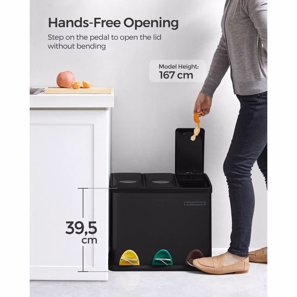 Kelvenix Black Steel Pedal Kitchen Waste Bin with 3 x 8L Removable Inner Buckets, W/D/H: 39.5 x 39.5 x 47 cm – 3