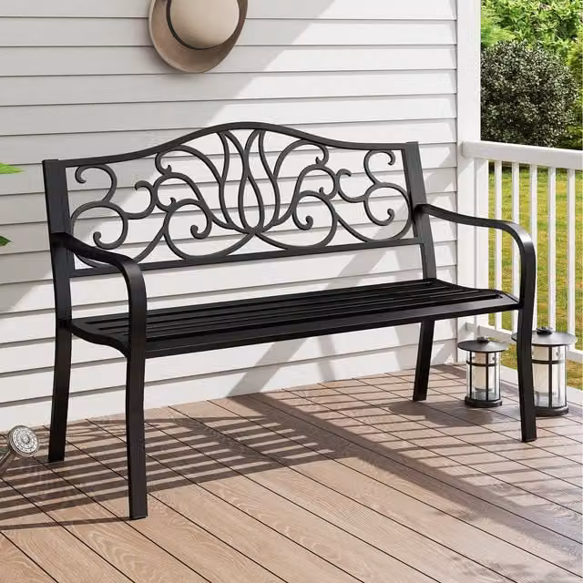 Costway Classic Black Metal Garden Bench with Armrests, Width: 127 cm