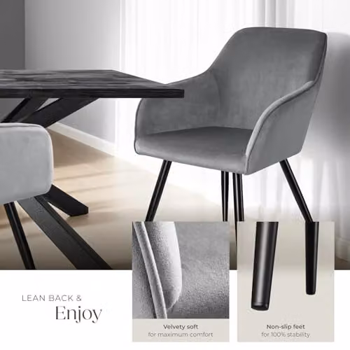 tectake Marilyn Dining Chair with Armrests in Grey and Black Velvet Look – 5