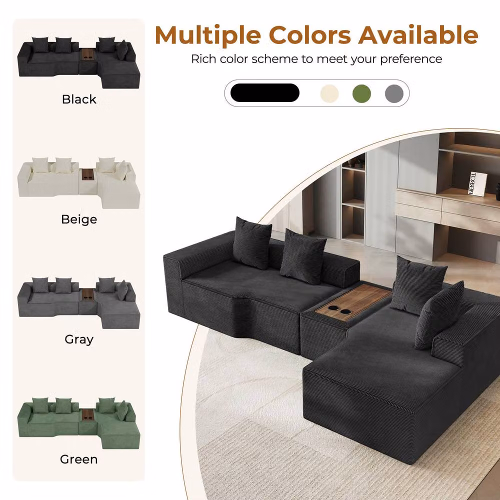 Dprodo Black Corduroy Right L-Shaped Modular Sofa with Cup Holder Table and Scatter Cushions, Width: 320 cm – 6