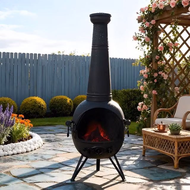 Gr8 Garden Large Black Metal Chiminea, Height: 130 cm