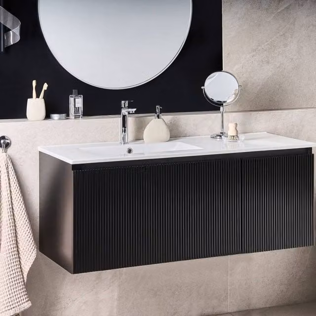 Wyld and Coco Wall-Mounted Vanity Unit with Ceramic Basin, Black Fluted Front, Width: 120 cm