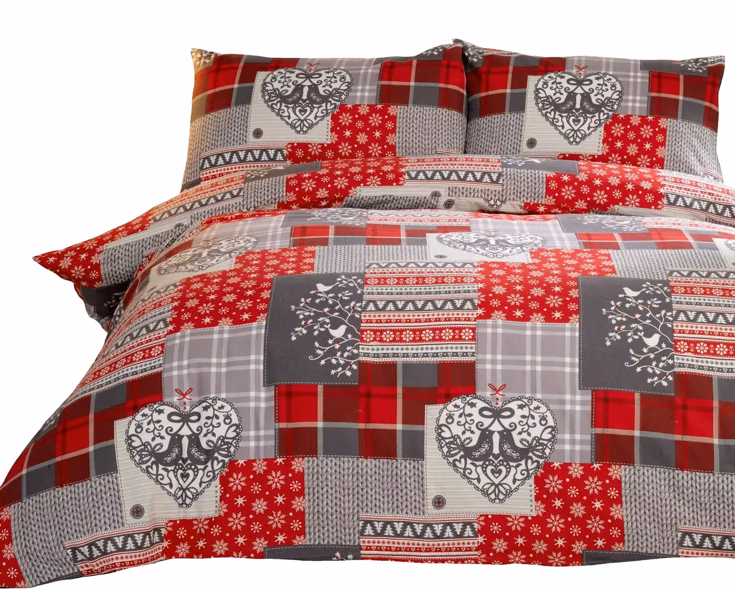 Rapport Home Alpine Patchwork Flannelette Duvet Cover and Pillowcase Set in Red, Grey and Multicolour, W: 140 cm, L: 200 cm – 2