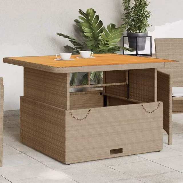 Berkfield Home Garden Table in Beige, Made from Poly Rattan, Acacia Wood and Powder Coated Steel, W/D/H: 110 x 110 x 71 cm