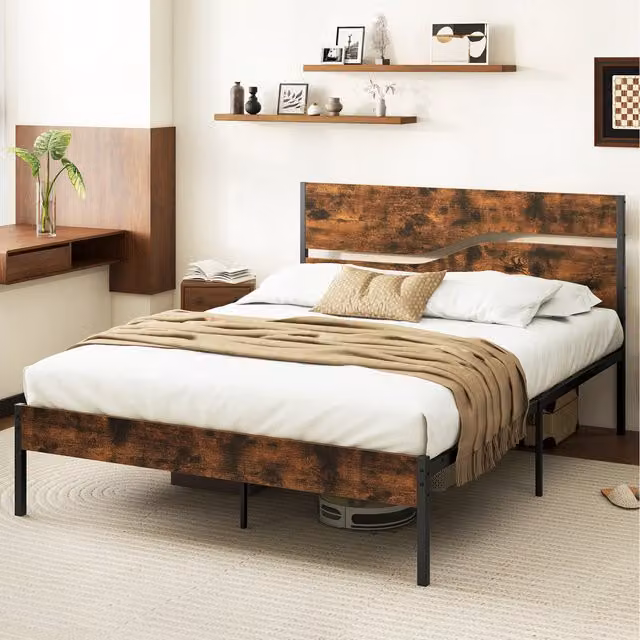 Costway Industrial Metal and Wood Platform Bed Frame, Brown, W/D/H: 180 x 200 cm