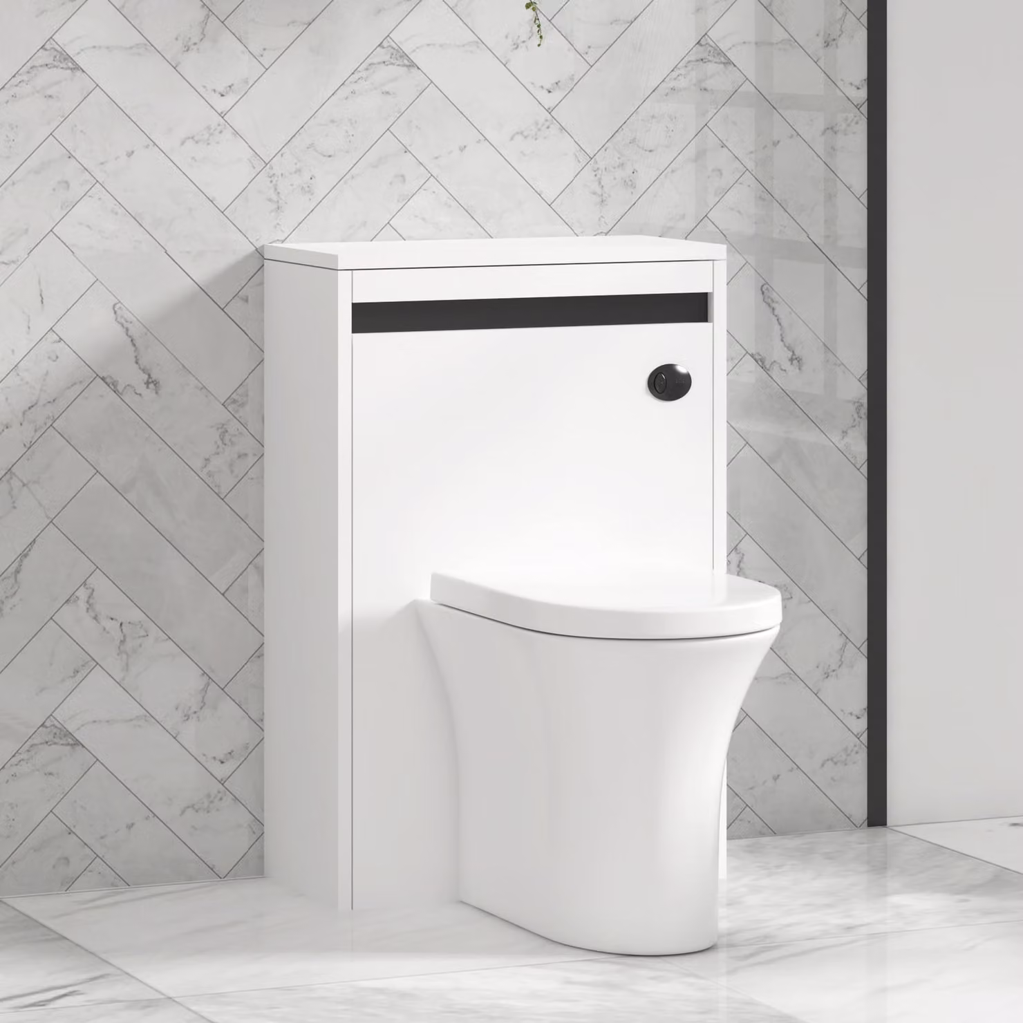 Royal Bathrooms Orion 540mm Matt White Back to Wall WC Unit with Breeze Rimless Ceramic Toilet Pan, Soft Close Seat and Cistern with Black Accent Trim