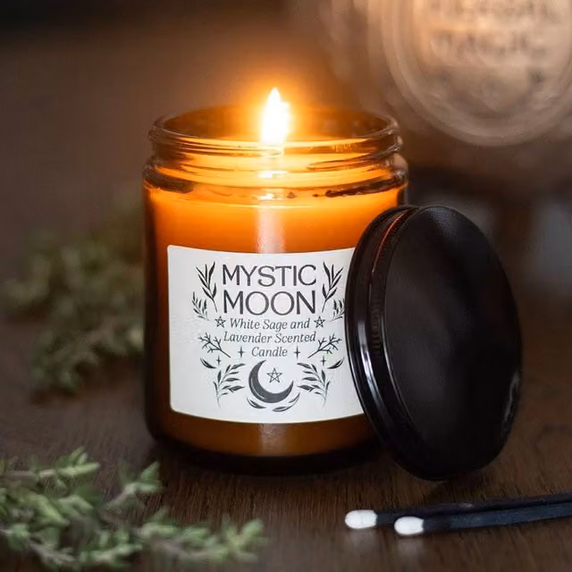 Uniqueful Mystic Moon Sage and Lavender Amber Glass Candle in Brown