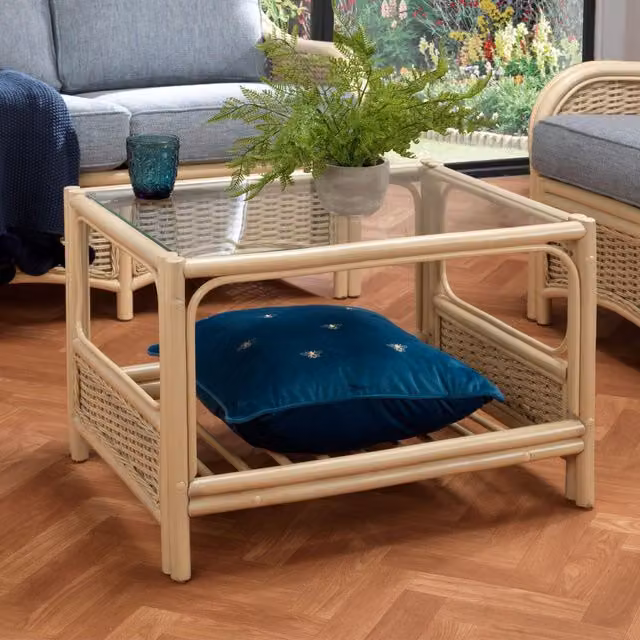 Chelsea Cane Coffee Table in Natural Wash and Ivory with Glass and Rattan Details