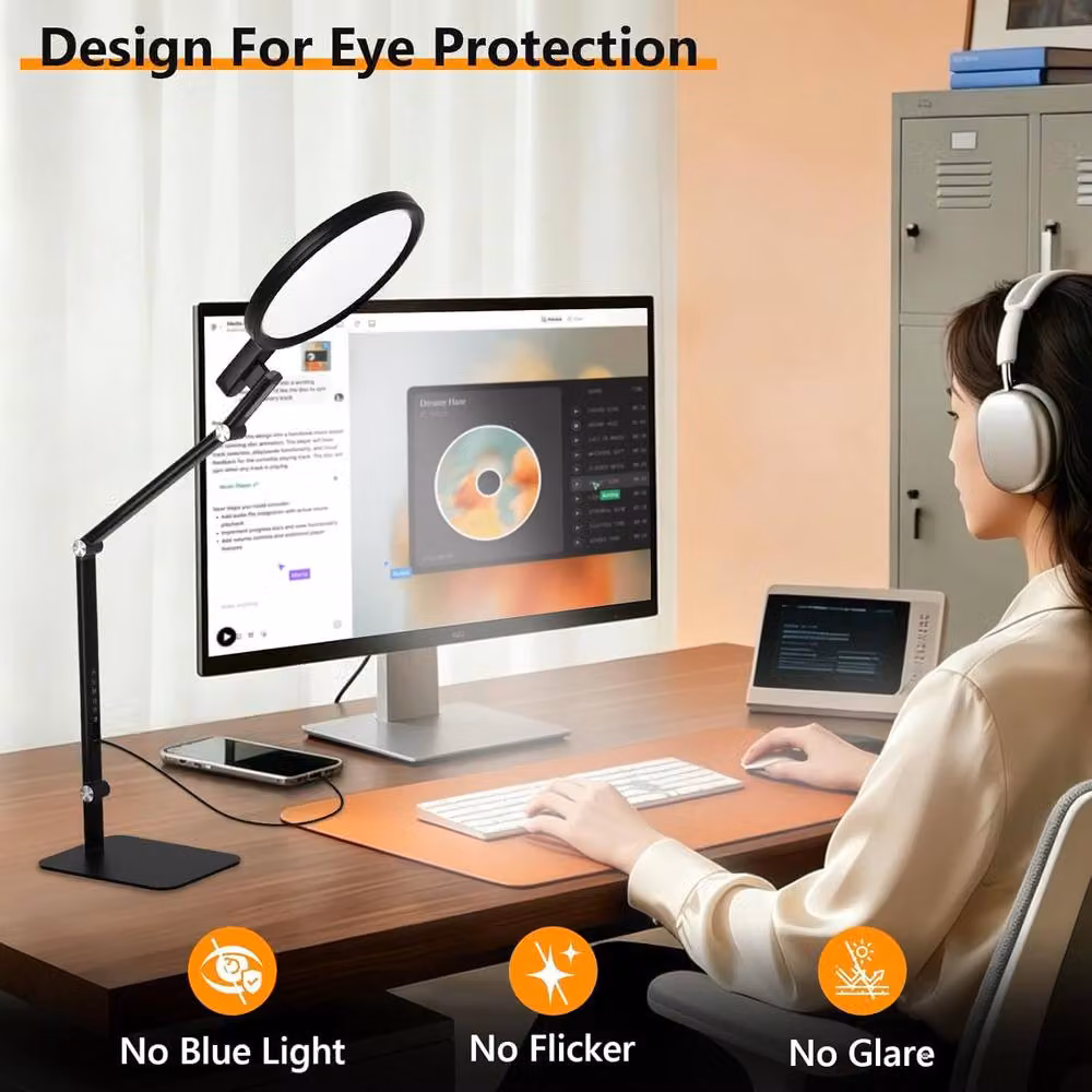 Goeco Black LED Table Lamp with Touch Dimming and USB-C Charging – 6