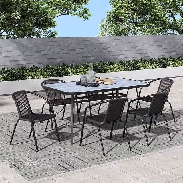 Breeins Grey Rectangular Garden Table with 6 Black Polyrattan Chairs and Glass Top