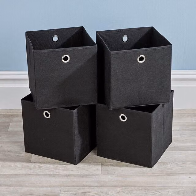 Home Source 4 Piece Folding Square Fabric Storage Utility Box Drawer Set in Black, W: 27.0 cm, D: 27.0 cm, H: 27.0 cm