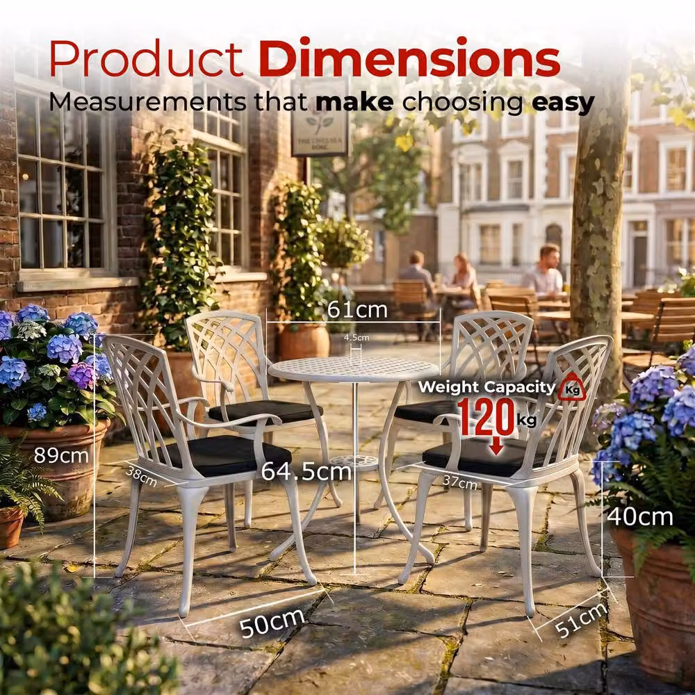 Centurion Supports OSHOWA 5-Piece Cast Aluminium Bistro Set with Round Table and 4 High-Back Armchairs in White with Black Cushions – 6