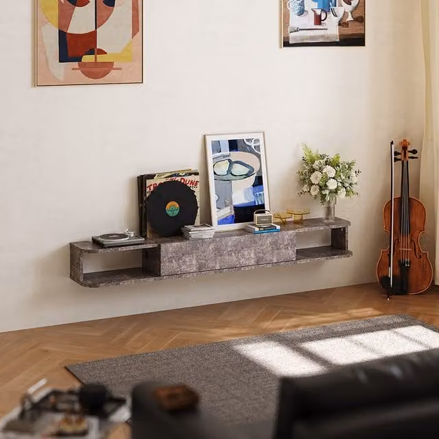 Livingandhome Open Shelf Wall Mounted TV Stand in Matt Vintage Grey