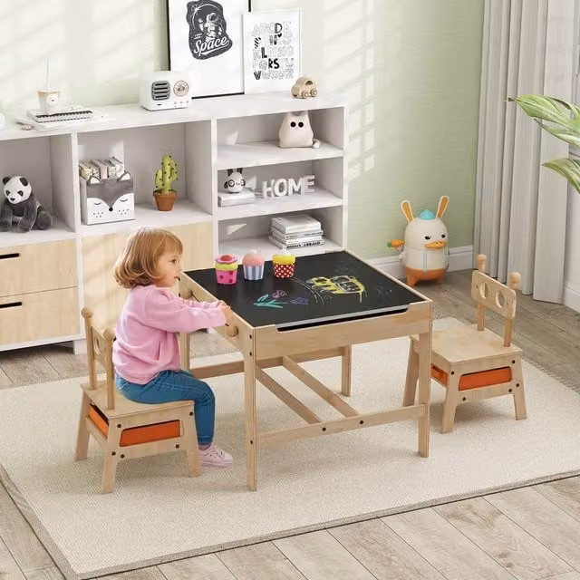 Costway 4 in 1 Kids Wooden Activity Desk Set with Table and Chairs in Beige