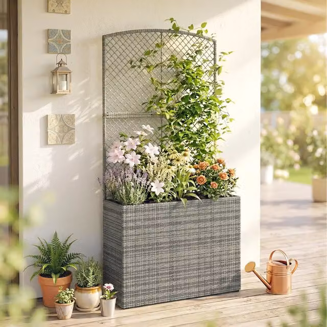 Outsunny Grey Rattan Garden Planter with Trellis and Liner