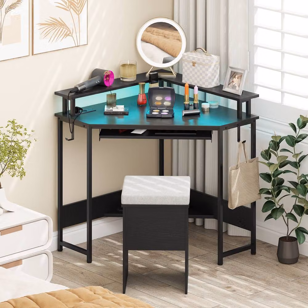 Costway Black Triangle Corner Gaming Desk with Charging Station and LED Lighting – 4