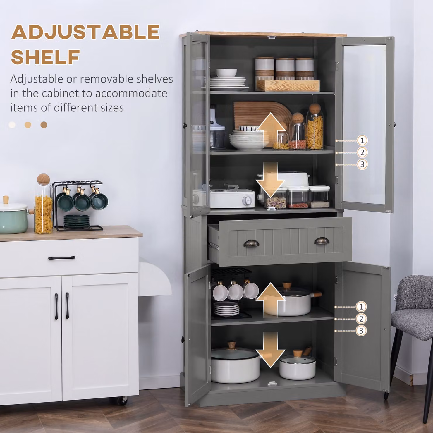 HOMCOM Grey Freestanding Tall Kitchen Pantry Cupboard with Glass Doors and Adjustable Shelves, Height: 180 cm – 5