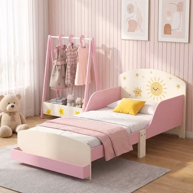 AIYAPLAY 2-Piece Kids Bedroom Set with Guardrails and Storage, Pink