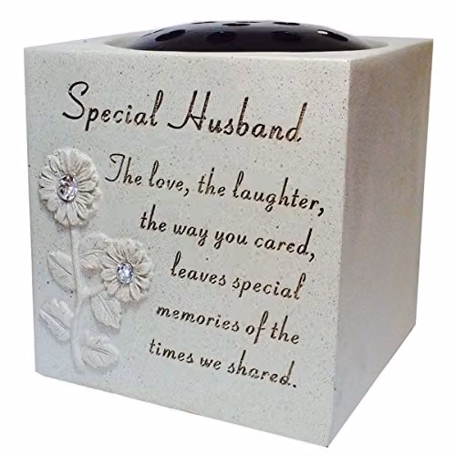 David Fischhoff Special Husband Memorial Grave Flower Pot in Cream with Diamante Floral Design, W/D/H: 14.0 x 13.5 x 13.5 cm