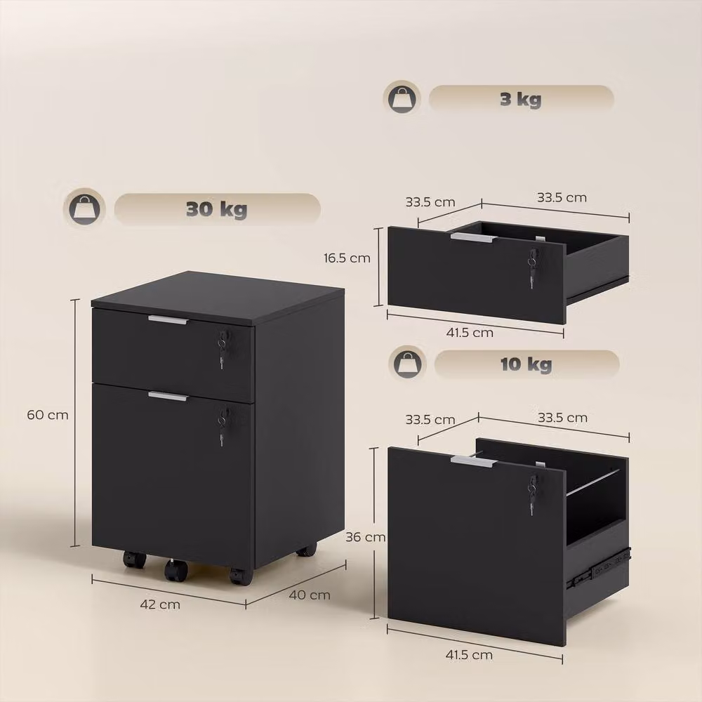 HOMCOM 2 Drawer Mobile Filing Cabinet with Lock and Castors in Black – 3