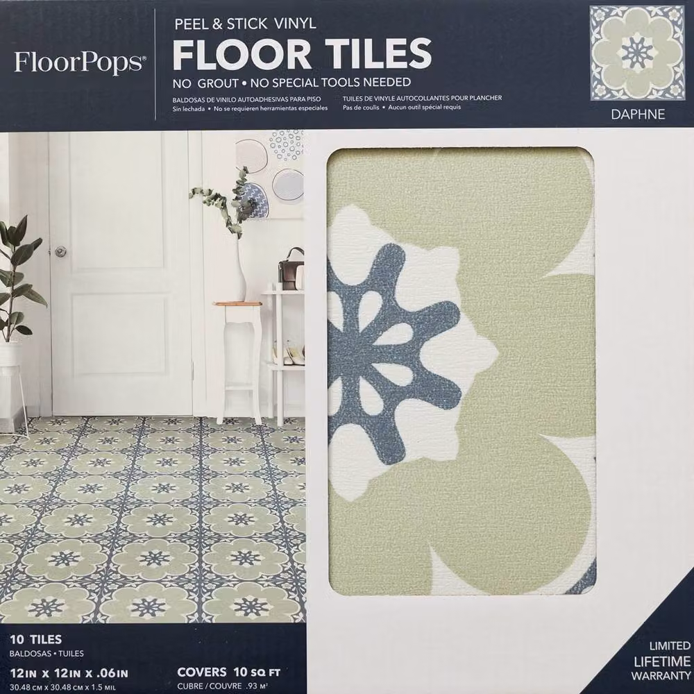 Floor Pops Daphne Sage Green Self Adhesive Vinyl Floor Tiles, Pack of 10 (0.93sqm), W/D/H: 30.48 x 30.48 x 0 cm – 2