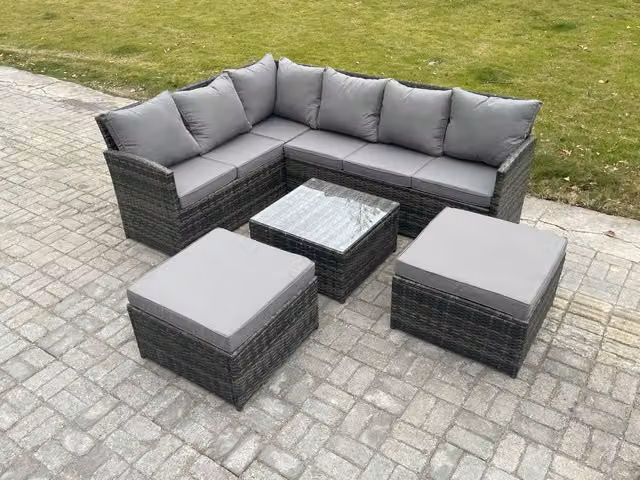 Fimous 8 Seater Outdoor Garden Furniture Set in Dark Grey Mixed PE Rattan with Corner Sofa, Square Coffee Table and 2 Ottomans