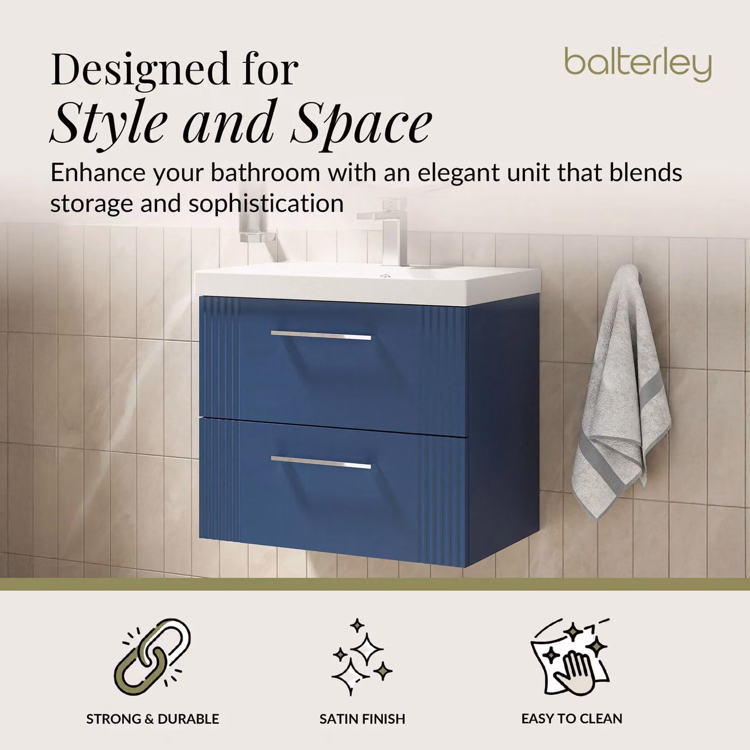 Balterley Wall Hung 2 Drawer Vanity Unit with Thin-Edge Basin, Satin Blue, W: 60 cm, D: 55 cm, H: 60 cm – 2