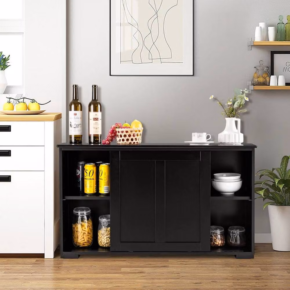 NESTLUNE Modern Black Wood Kitchen Storage Cabinet with Internal Shelves and Open Shelf Doors, W: 100 cm, D: 15 cm – 4