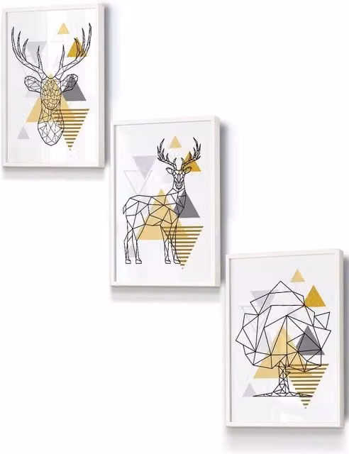 ARTZE Geometric Line Art Yellow Stags and Trees Framed Wall Art Set in White, W: 33 cm, H: 45 cm, D: 2 cm