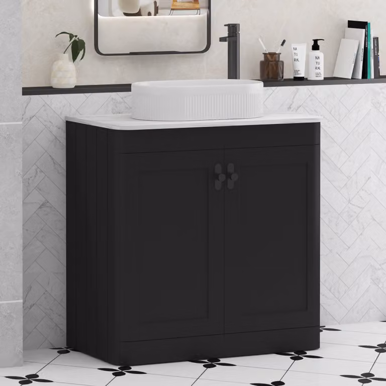 Royal Bathrooms Henley 800mm Matt Nocturne Black Floor Standing 2 Door Vanity Unit with Lyon Basin and Matt Black Knob