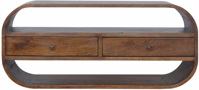 KDMK Mid-Century Mango Wood Chestnut Curved Edge Media Unit with 2 Drawers in Orange and Brown