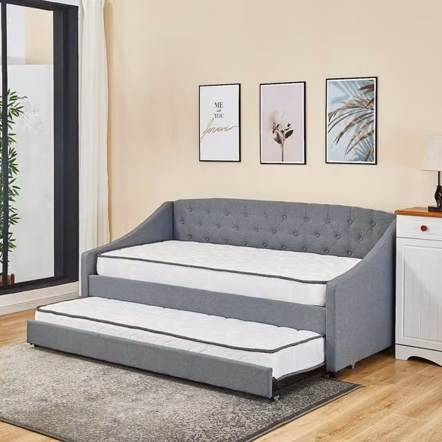 Kosy Koala Grey Linen Fabric Upholstered Daybed with Underbed Trundle