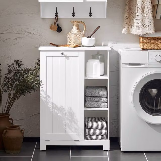 SoBuy White Modern Bathroom Tall Cabinet with Sliding Doors and Internal Shelves