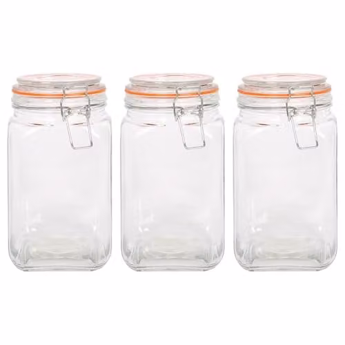 Argon Tableware Pack of 3 Square Glass Jars with Clip-Top Lids, 1.25 l, Transparent
