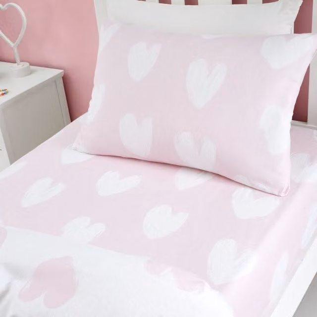 Catherine Lansfield Brushed Cotton Flannelette Hearts Fitted Sheet, Pink and White, 140 x 200 cm
