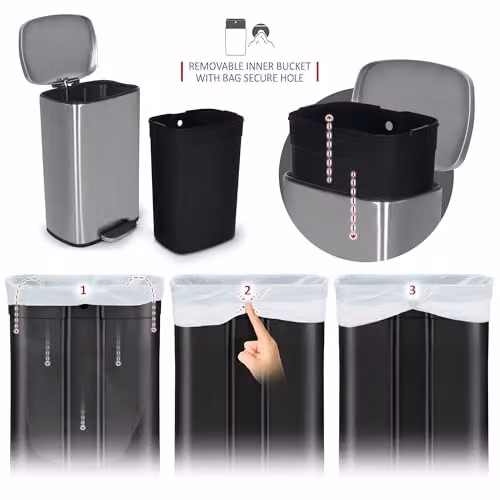 NETTA 50L Stainless Steel Kitchen Pedal Bin in Silver with Soft Close Lid and Removable Inner Bucket – 5